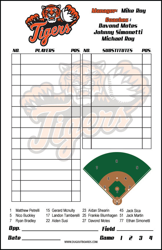 Custom Lineup Cards Roster, Design RF1