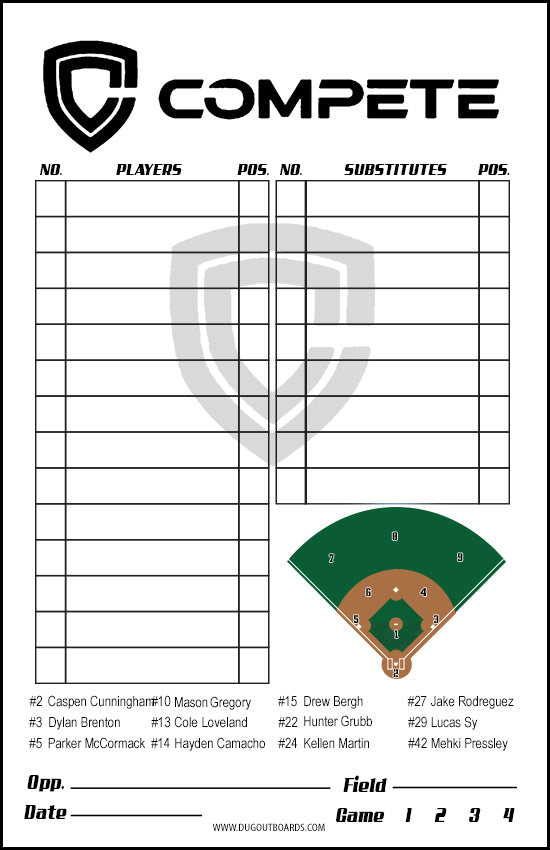 Custom Baseball Lineup Cards Roster, Design RF1