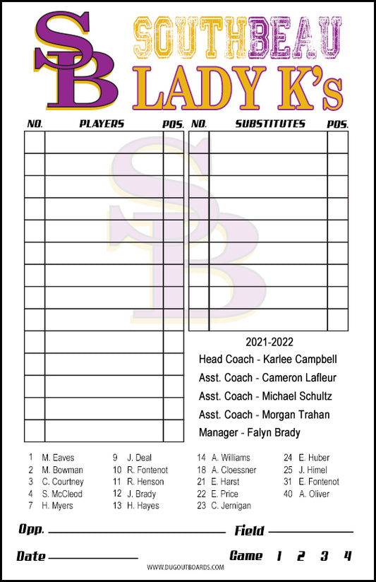 Custom Softball Lineup Cards Roster, Design RF1